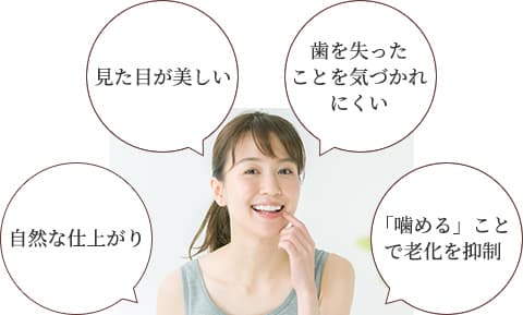 ・見た目が美しい・歯を失ったことを気付かれにくい・自然な仕上がり・「噛める」ことで老化を抑制